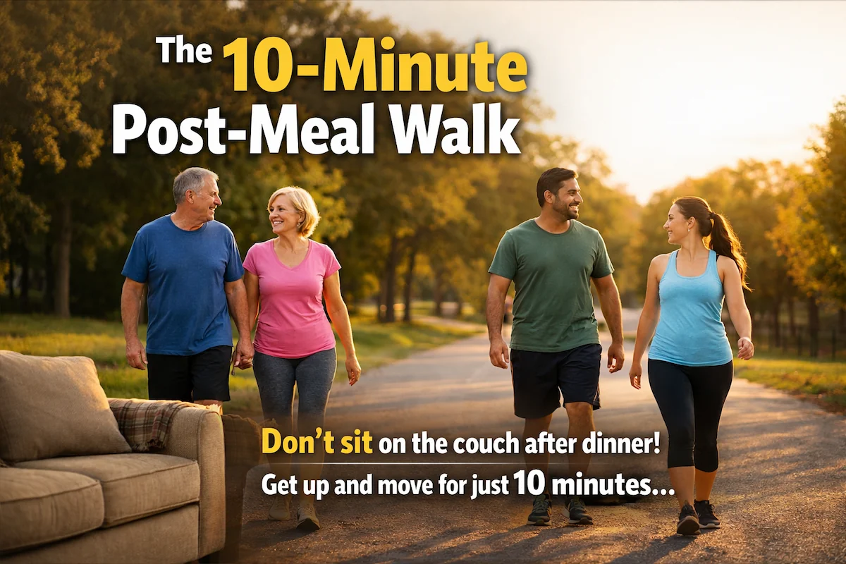 Two couples walking outdoors after dinner to lower blood sugar naturally with the 10-minute post-meal walk method
