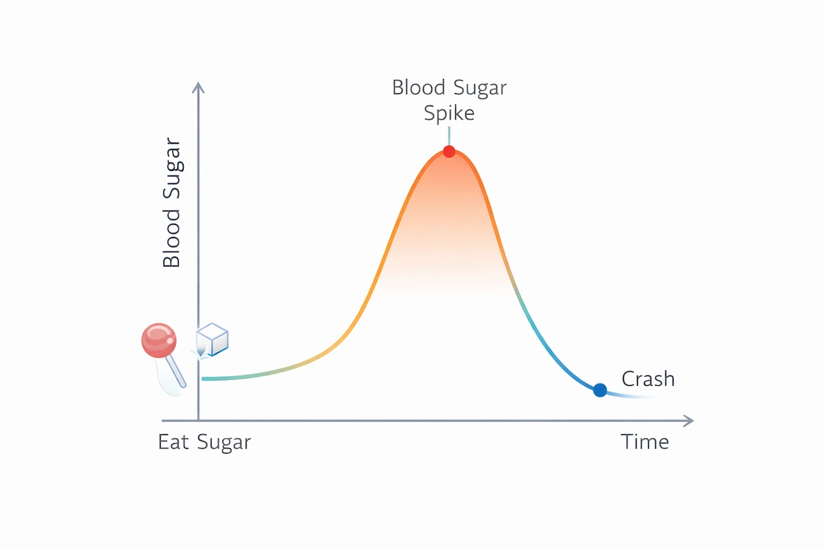 blood sugar spike and crash graph showing glucose rollercoaster after high carb meal