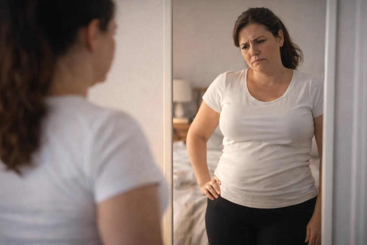 woman frustrated with stubborn belly fat from insulin resistance
