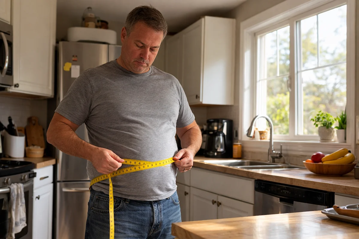 overweight man measuring waist circumference — stubborn belly fat as a sign of insulin resistance