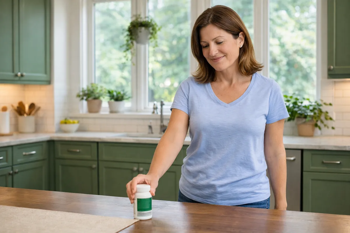 woman holding berberine supplement in kitchen — berberine for insulin resistance