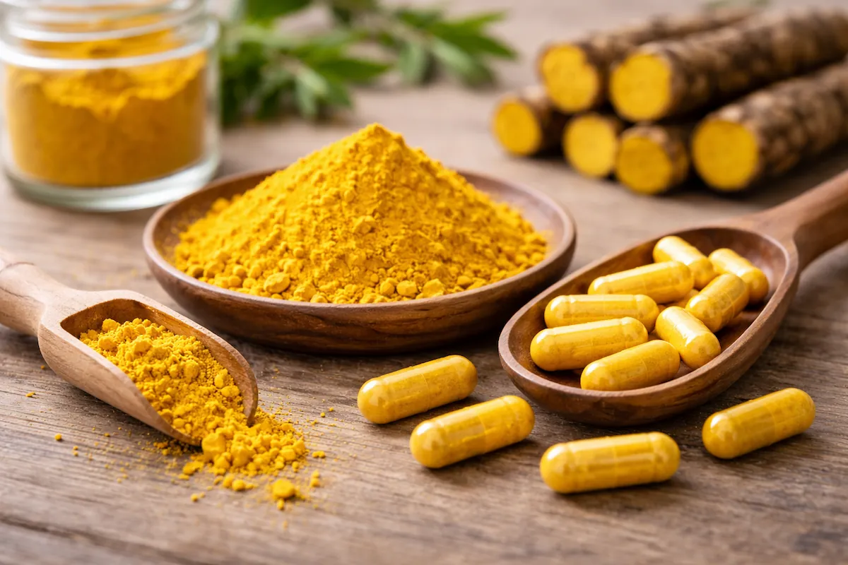 yellow berberine powder and capsules on wooden surface