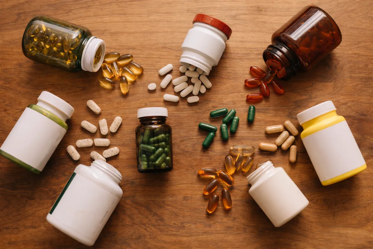 various supplement bottles and capsules on wooden surface — berberine comparison