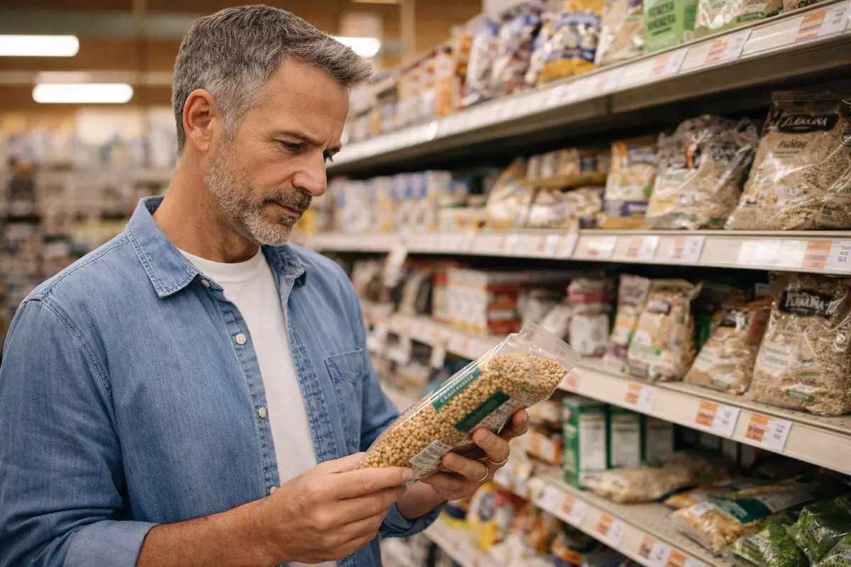 man reading nutrition label at grocery store choosing best low glycemic carbohydrates