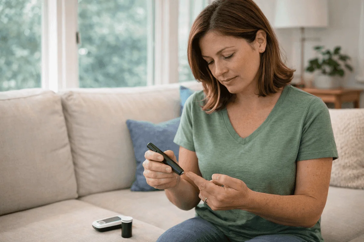 woman using lancet to test blood sugar when fasting at home