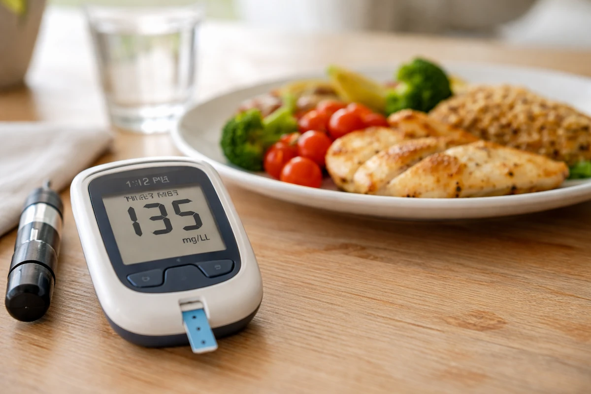 glucometer showing blood sugar after eating next to plate of food