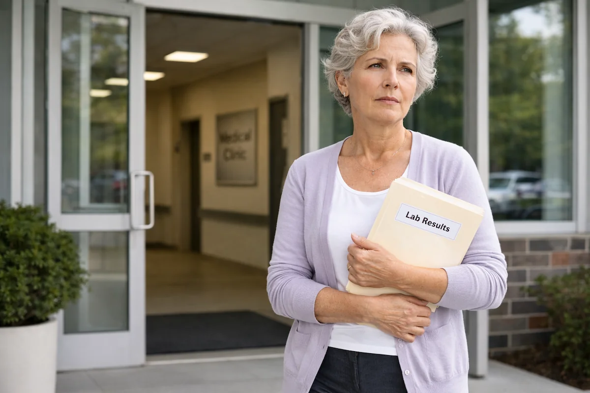 woman leaving medical clinic with lab results to test for insulin resistance