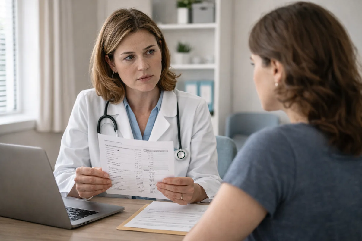 female doctor reviewing blood test results with patient to diagnose insulin resistance