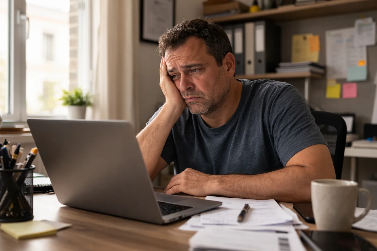 man with brain fog and difficulty concentrating at desk — early sign of insulin resistance