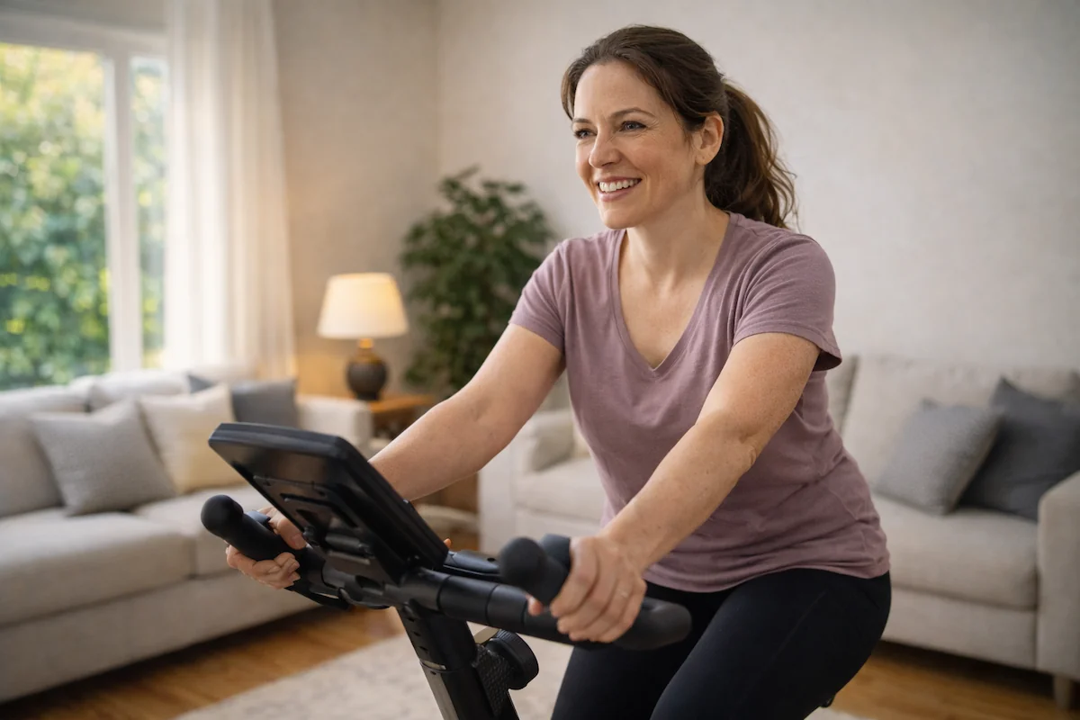woman on stationary bike — exercises to reduce blood sugar levels