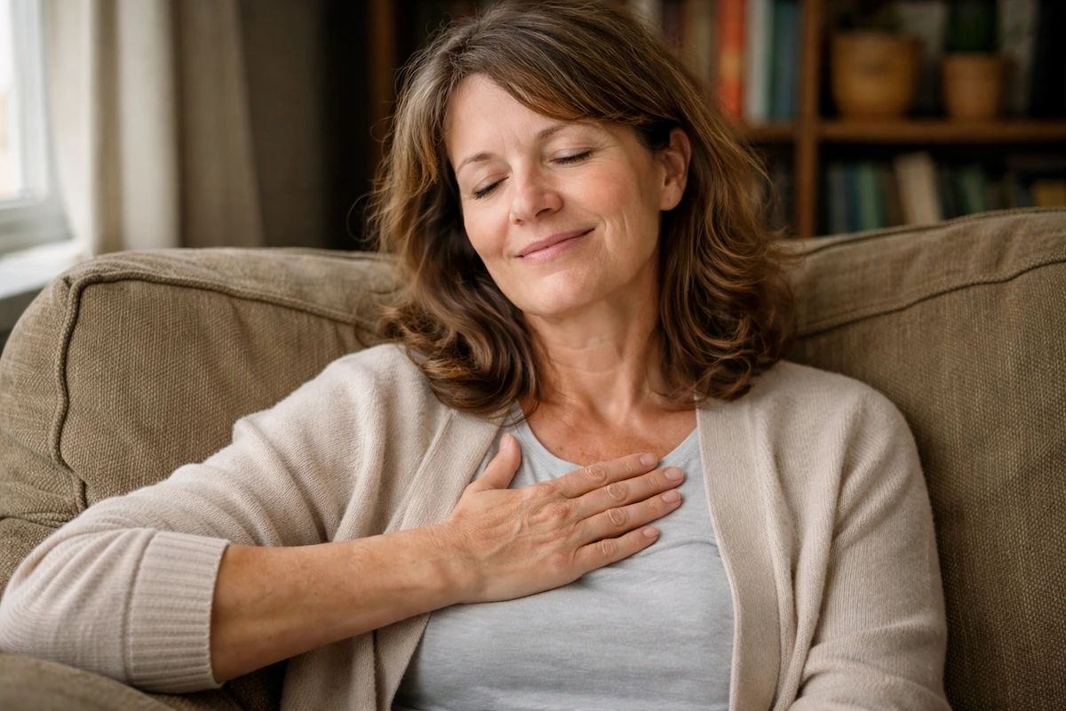 woman practicing diaphragmatic breathing to reduce cortisol and lower blood sugar