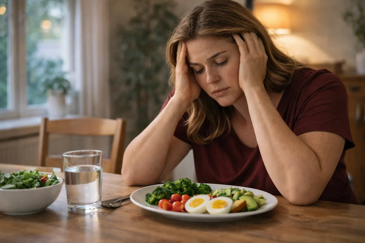 tired woman sitting at dining table exhausted after meal — signs of insulin resistance fatigue