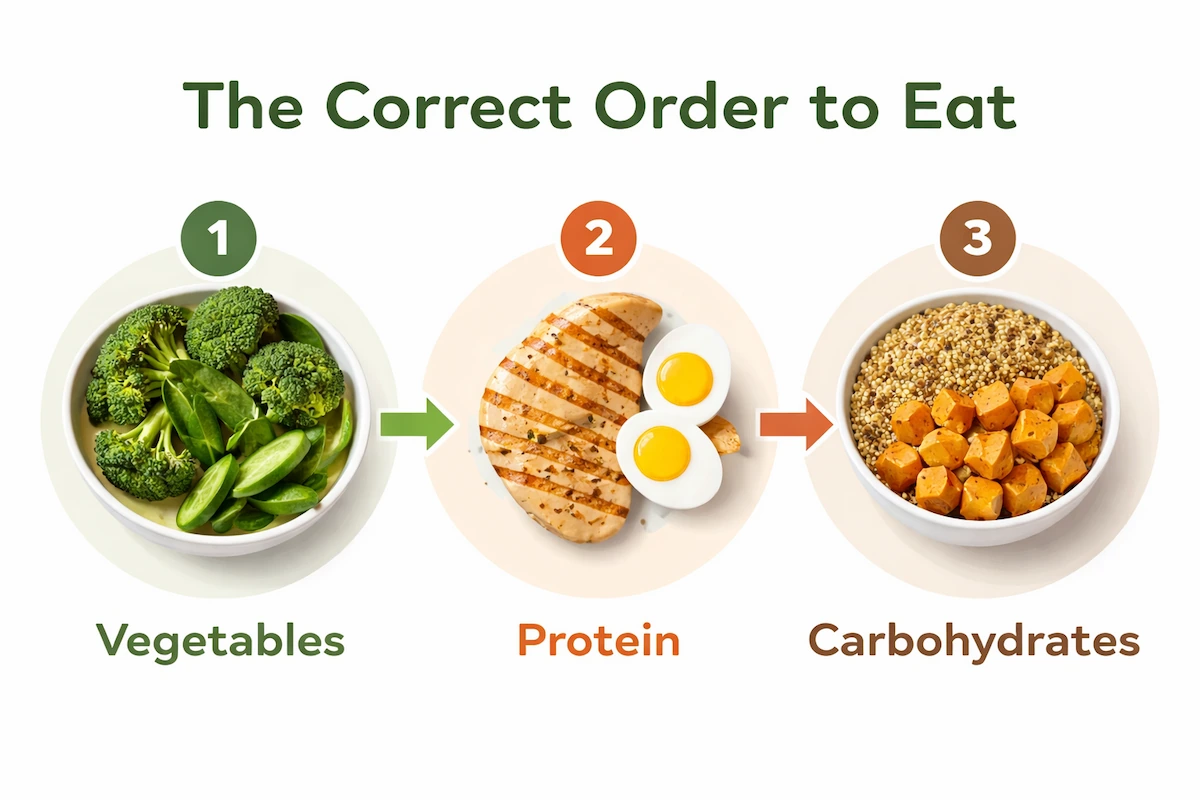 infographic showing correct food order for blood sugar control fiber first protein then carbohydrates