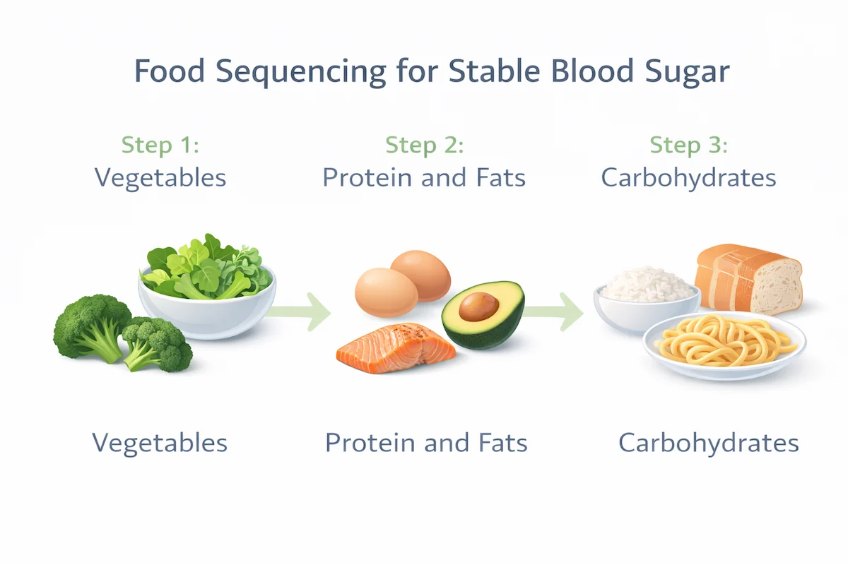 food sequencing method vegetables first protein second carbs last to lower blood sugar naturally