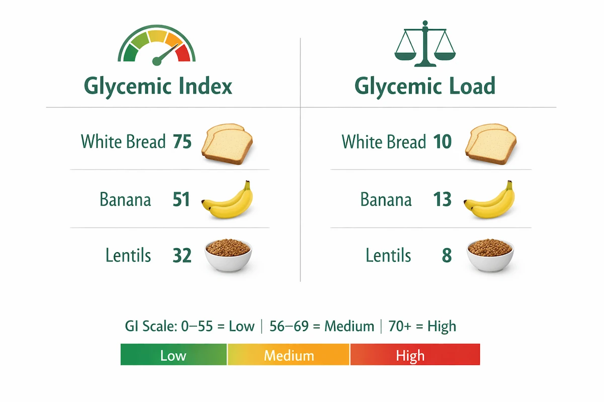 infographic comparing glycemic index vs glycemic load for best low glycemic carbohydrates