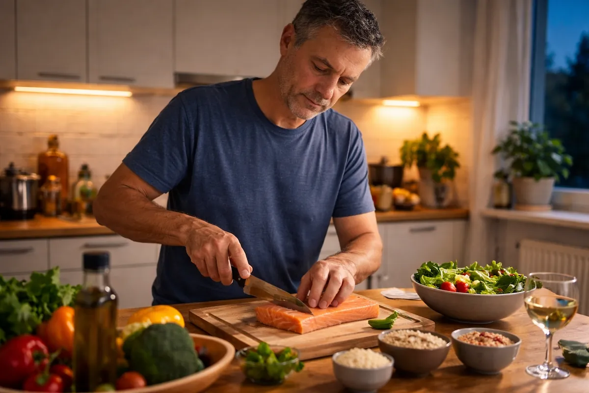 man preparing healthy dinner with salmon and vegetables to lower blood sugar when fasting