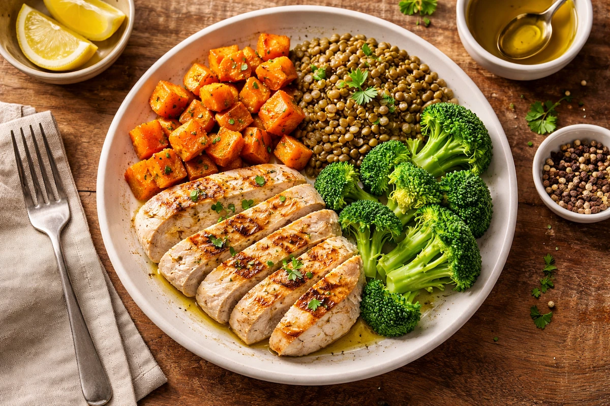 balanced meal plate with best low glycemic carbohydrates including sweet potato lentils broccoli and grilled chicken