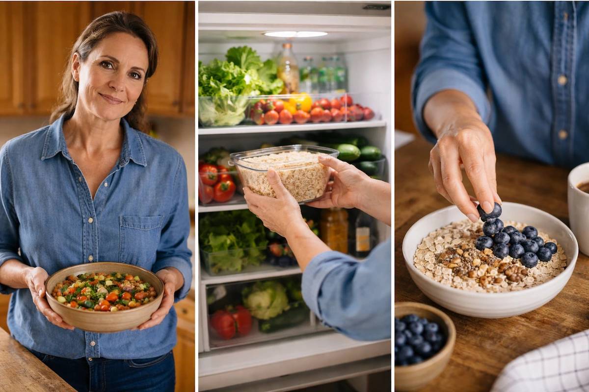 woman preparing best low glycemic carbohydrates including lentil salad refrigerated grains and steel cut oats with blueberries