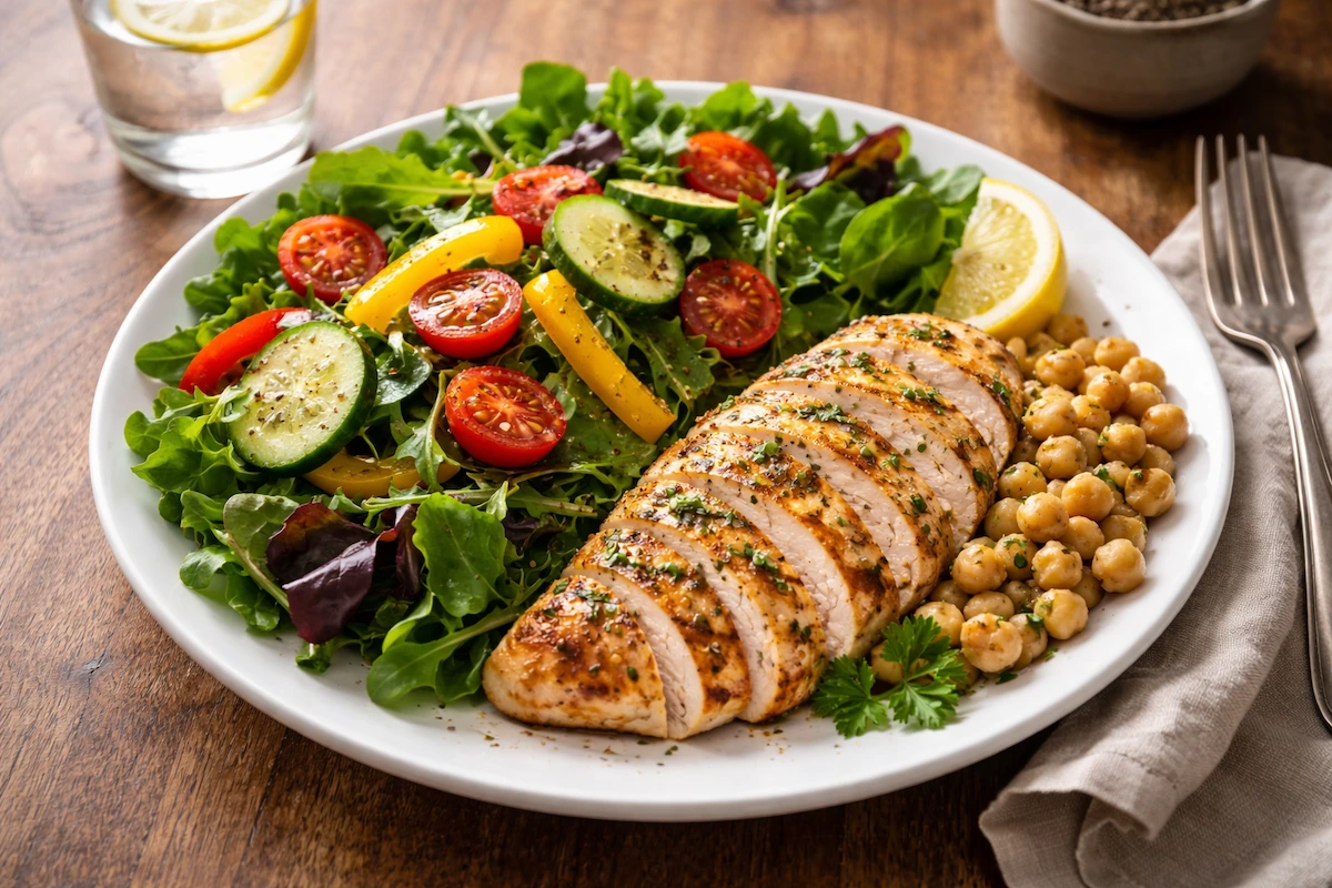 Grilled chicken salad with chickpeas and mixed greens following the fiber-first rule for prediabetes.