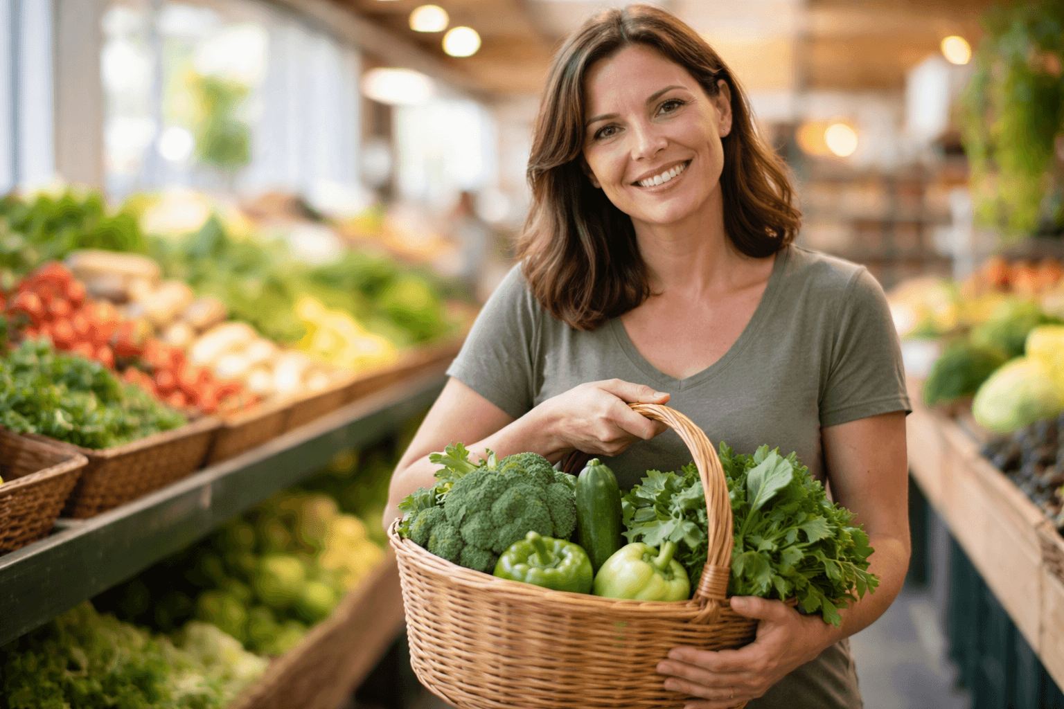 woman choosing fresh vegetables at grocery store for prediabetes diet