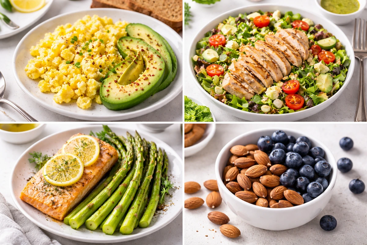 collage of healthy meals including scrambled eggs with avocado grilled chicken salad baked salmon and almonds for 7-day prediabetes meal plan