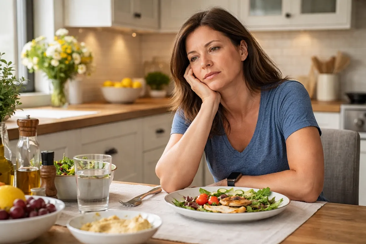 woman with prediabetes symptoms feeling tired and fatigued at meal table