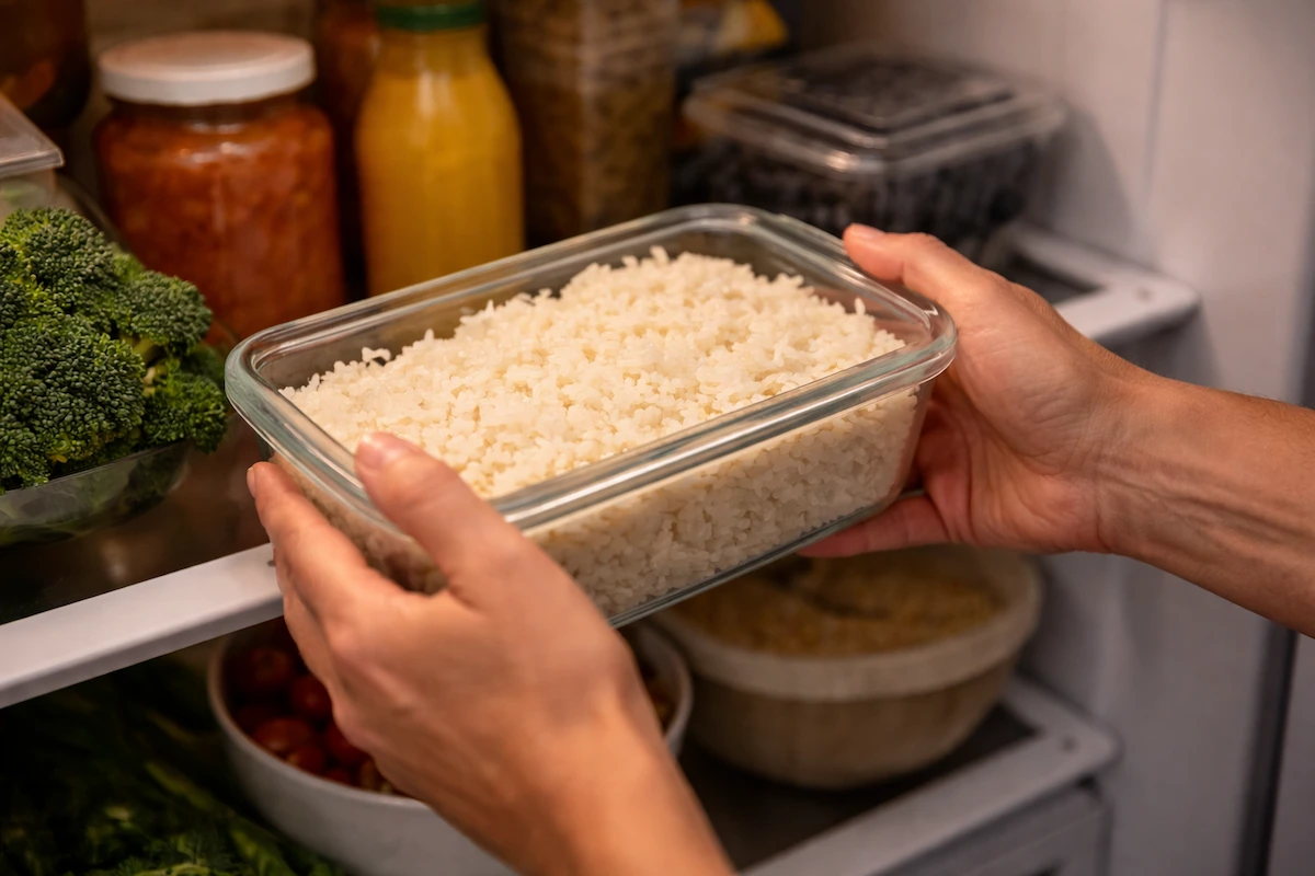 hands placing cooked rice in refrigerator to create resistant starch and lower blood sugar response
