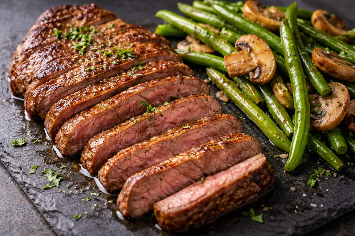 sliced lean steak with green beans and mushrooms for prediabetes meal plan saturday