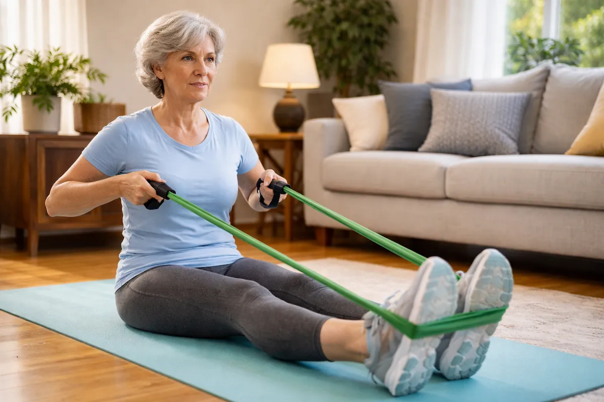 woman doing resistance band exercises to reduce blood sugar levels
