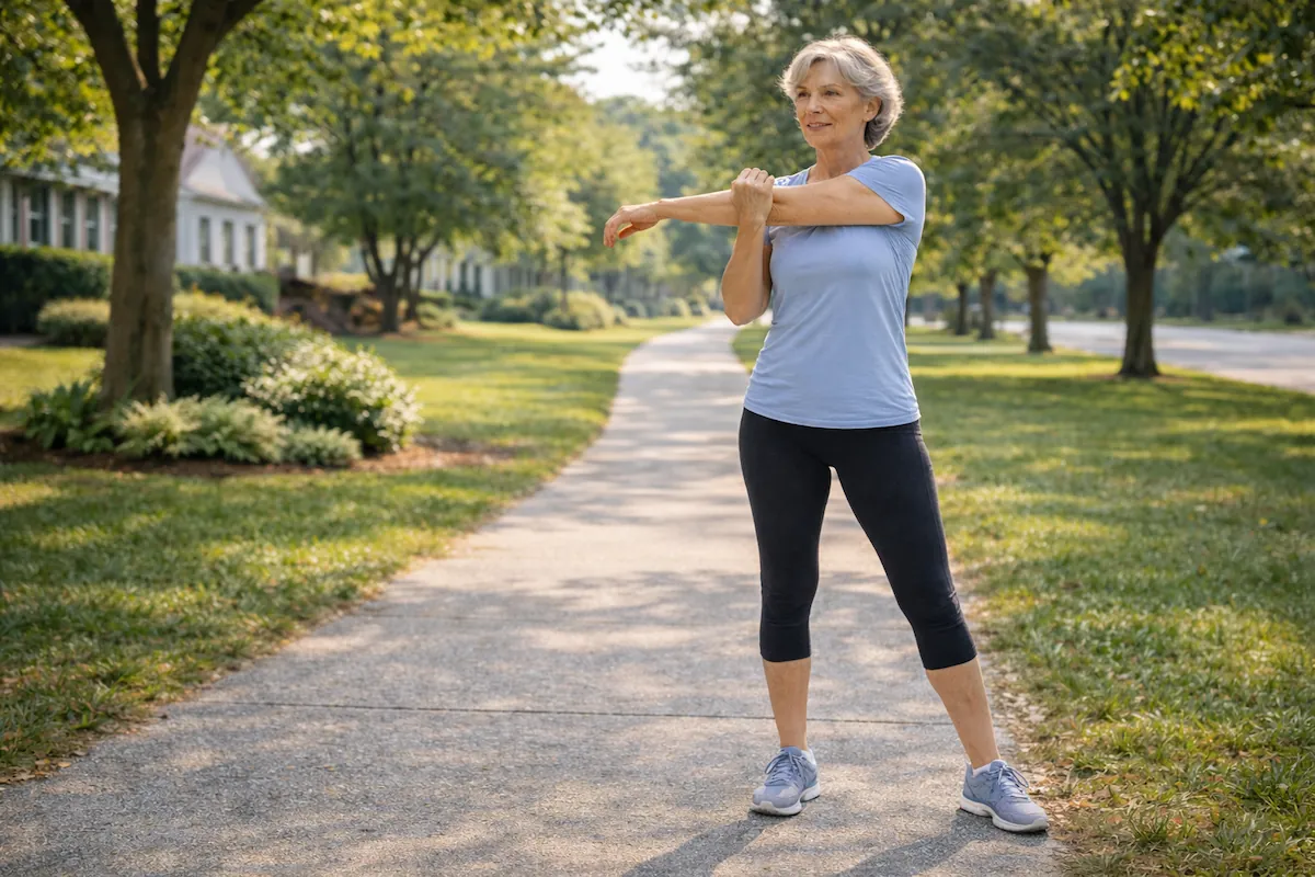 woman stretching outdoors after exercise for blood sugar control