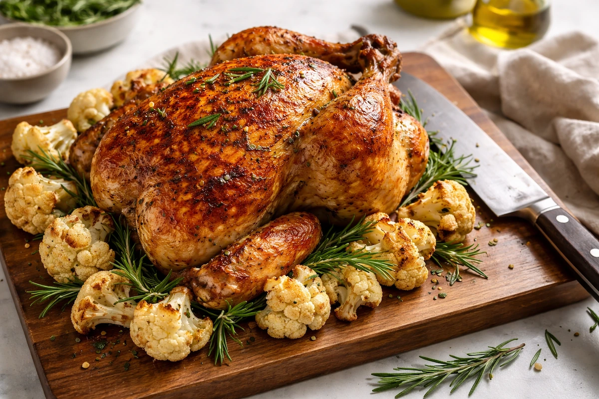 Roasted whole chicken with roasted cauliflower and rosemary on a wooden board for prediabetes meal prep day.