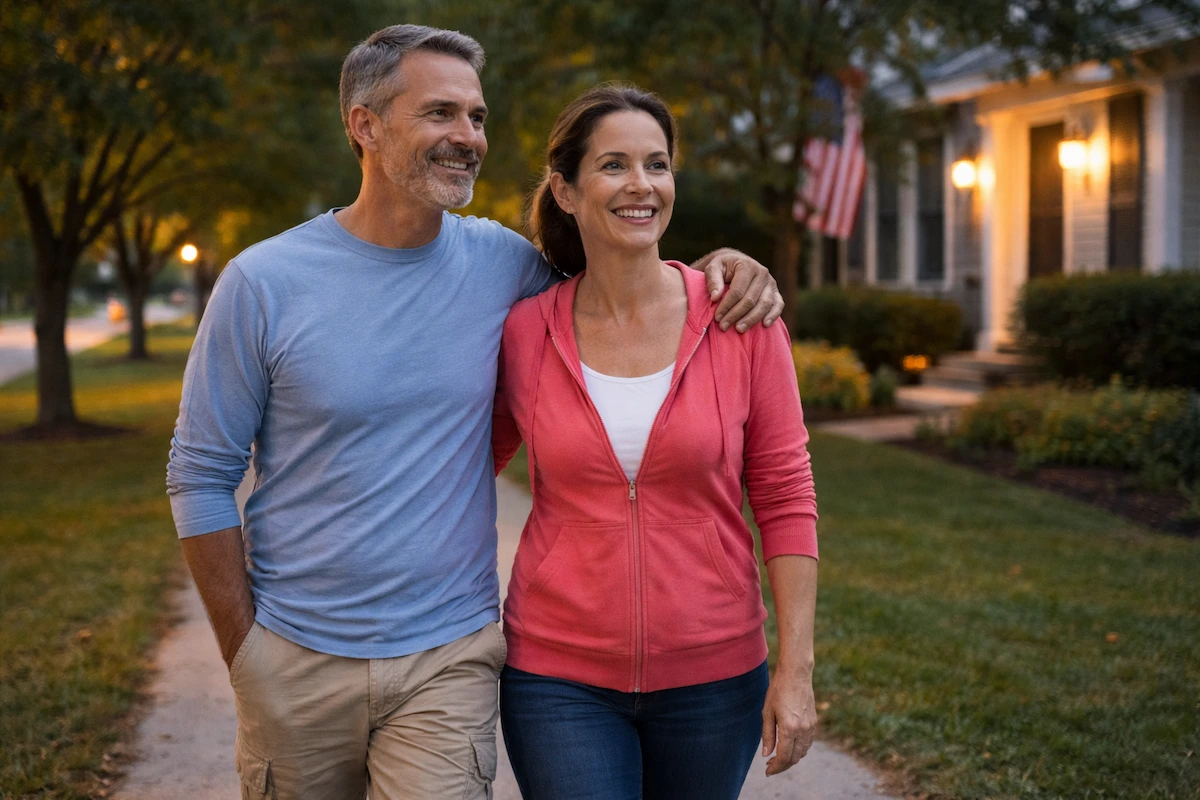 couple walking after dinner to lower blood sugar after eating
