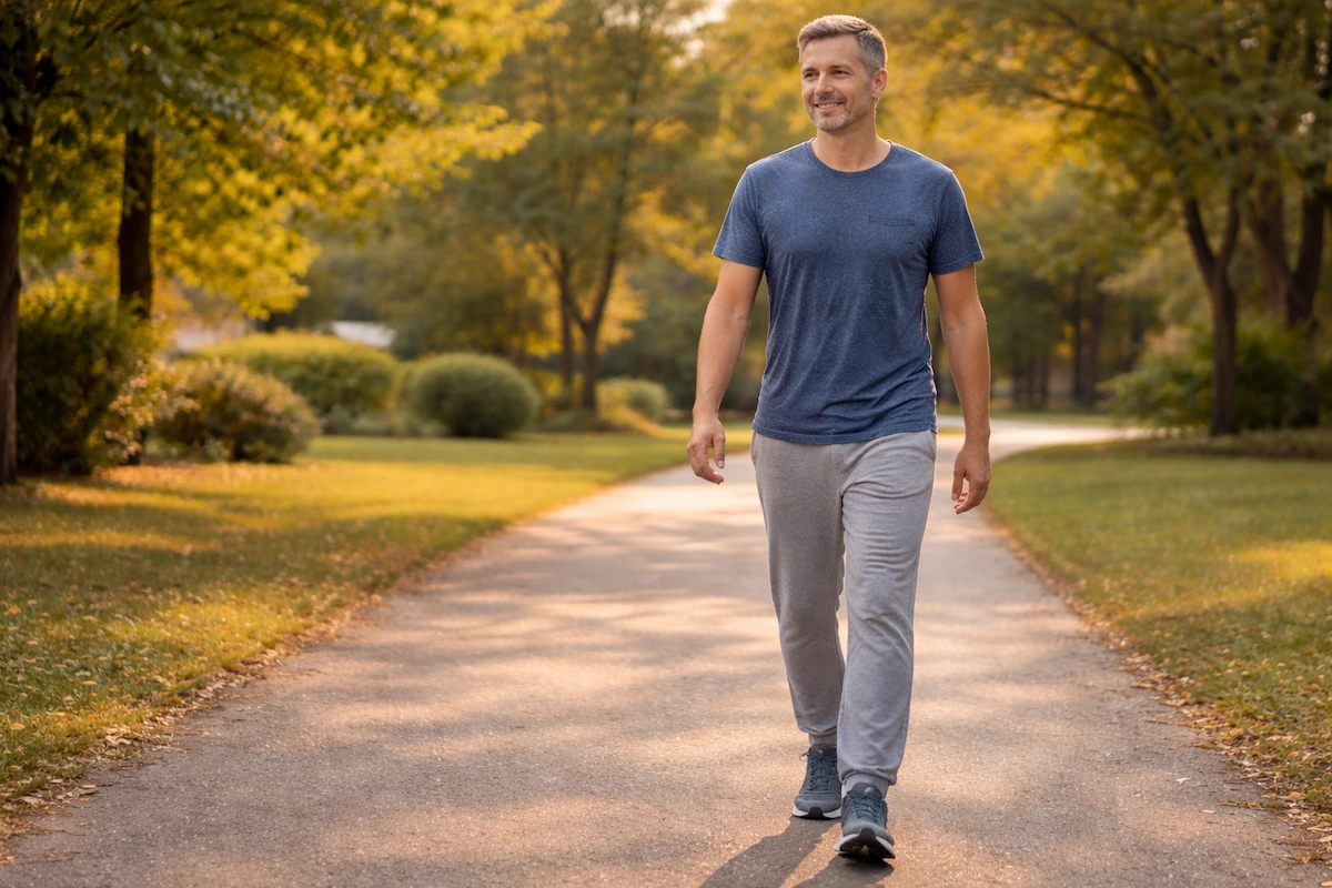 man taking a light walk outdoors after meal to lower postprandial blood sugar naturally