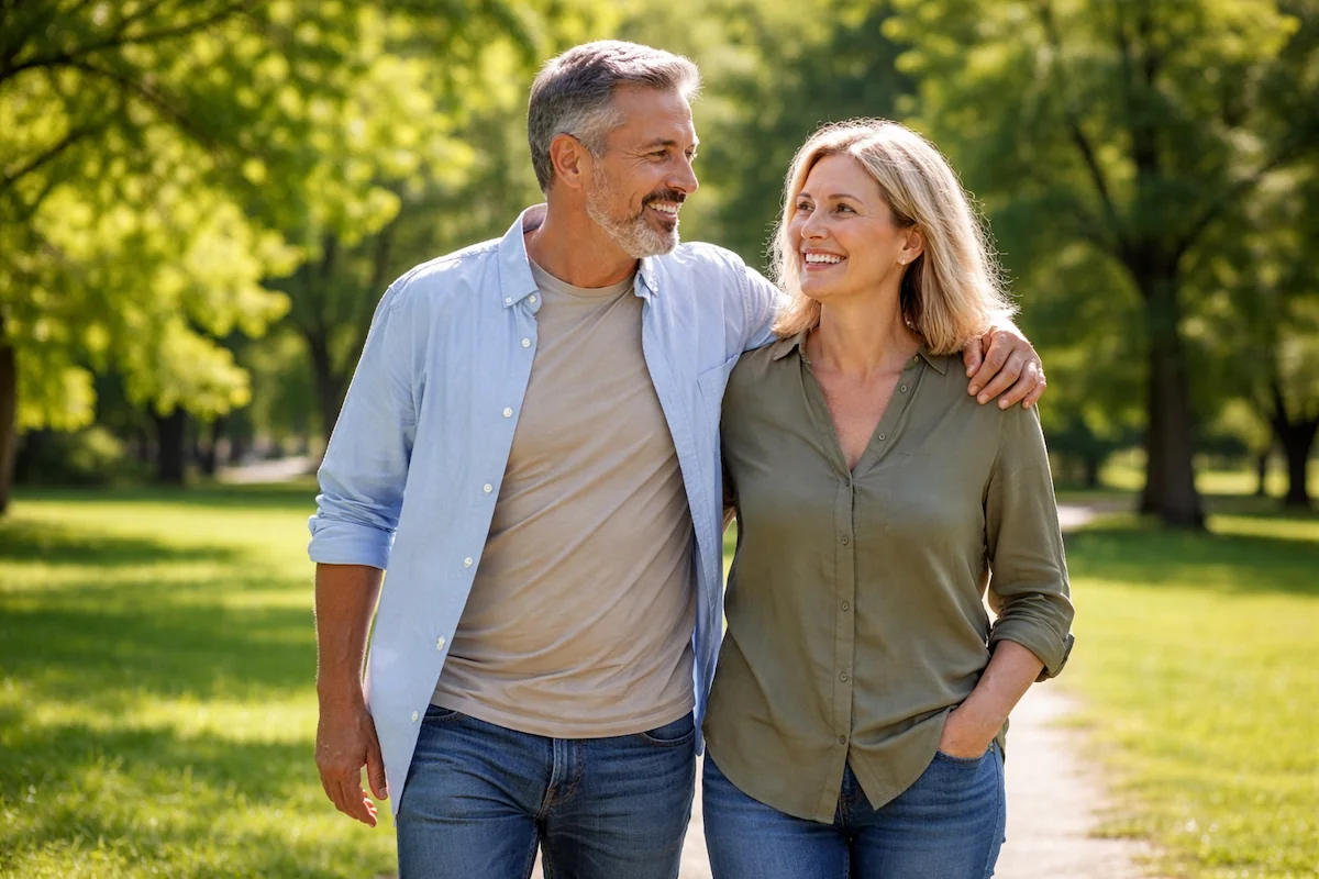 middle-aged couple walking after meal to improve insulin resistance naturally