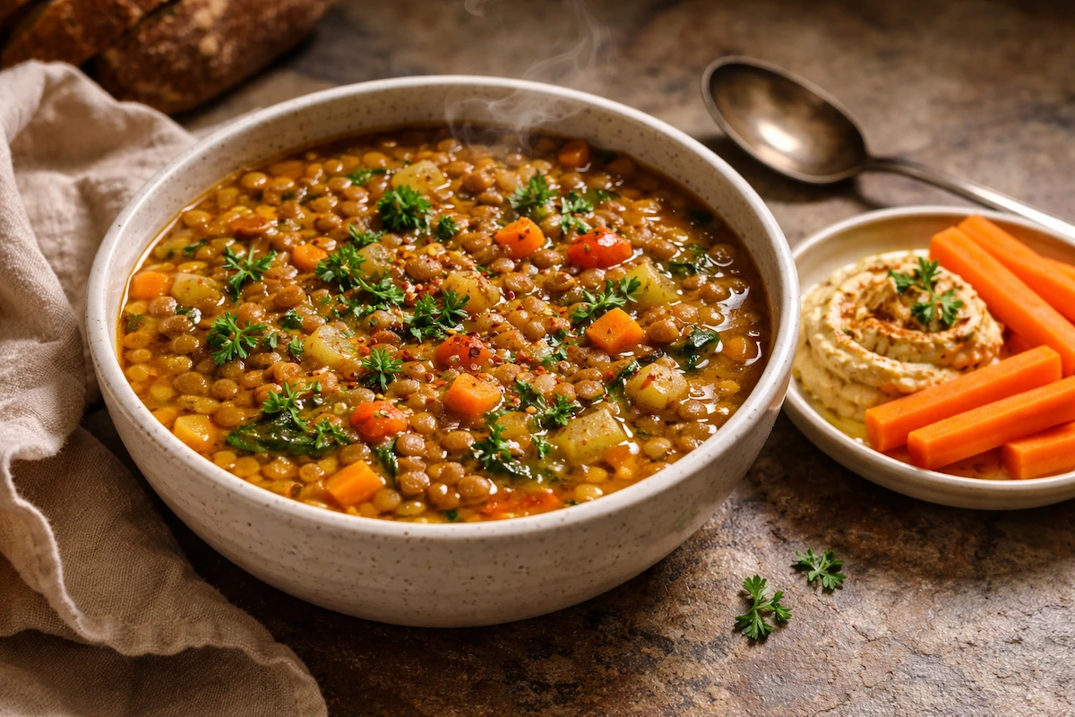 A nutritious bowl of lentil and vegetable soup with a side of hummus and carrots for a prediabetes meal plan
