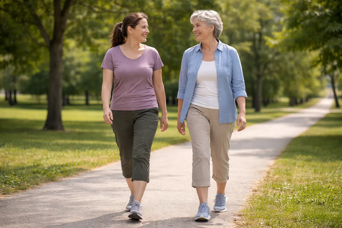 two women walking after lunch in the park — walking after meals benefits for women