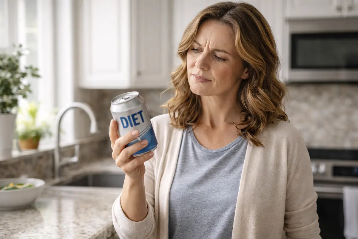 Woman reading a diet soda label in her kitchen, questioning artificial sweeteners and their effect on blood sugar