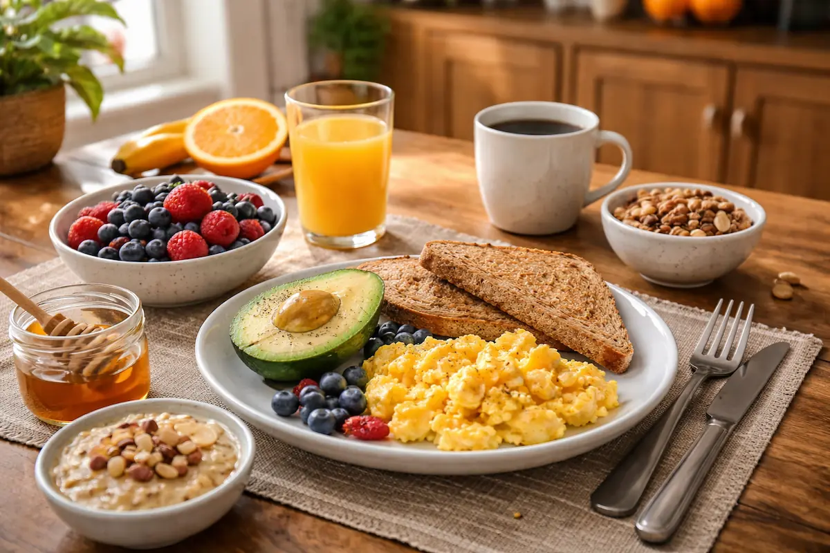 healthy breakfast with eggs avocado and berries to support insulin sensitivity and stable blood sugar