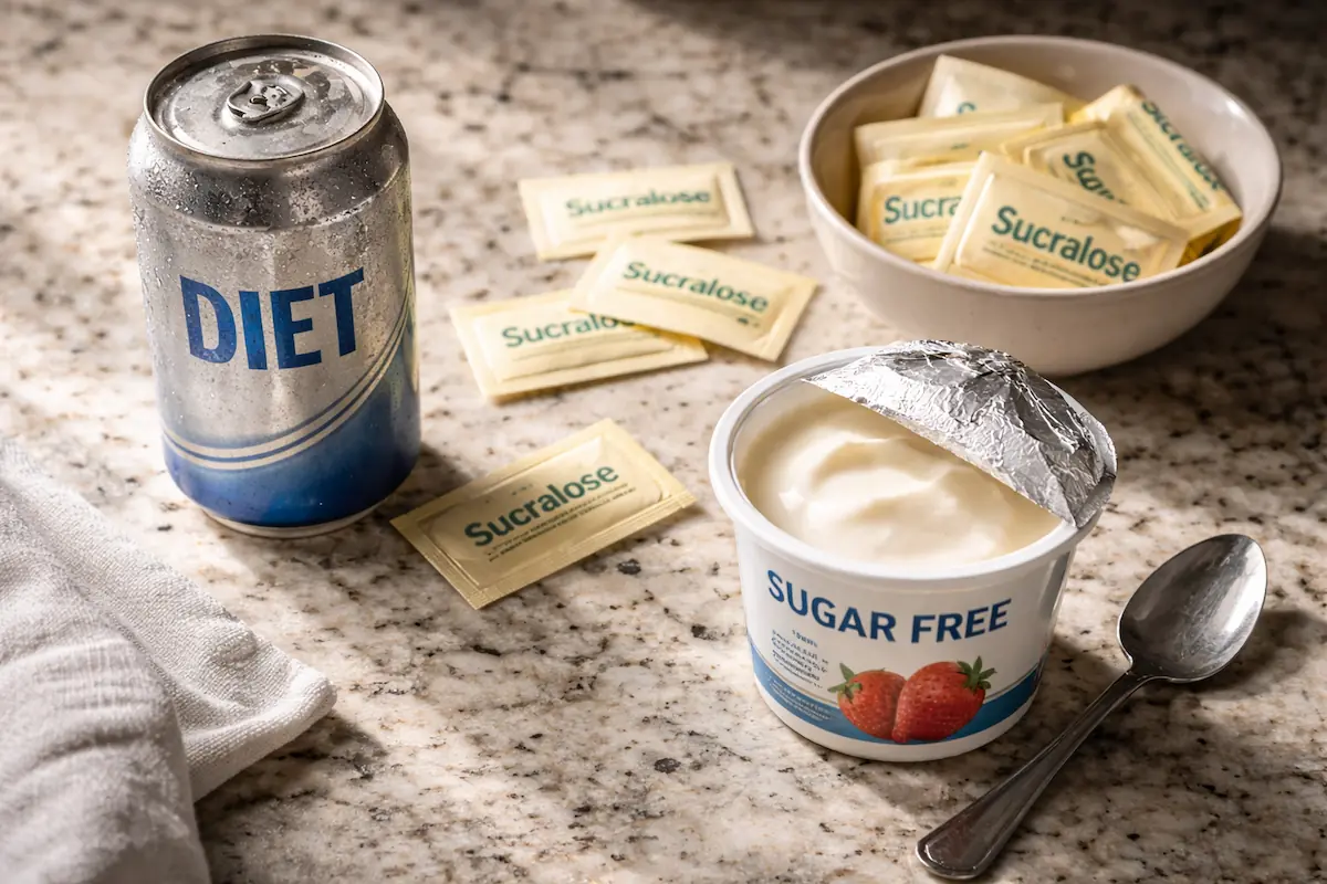 Close-up of sugar-free products including diet soda, sucralose sweetener packets, and yogurt on a kitchen countertop, representing artificial sweeteners and blood sugar control
